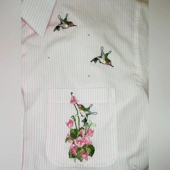 Vintage P.G.B Pink Stripe Embroidery Floral Bird Print Women Large Novelty - Picture 4 of 9